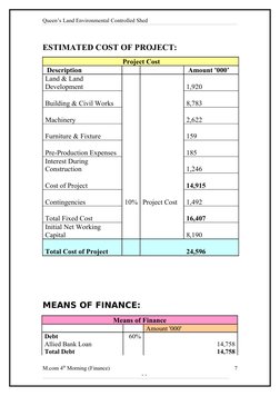 Queen’s Land Environmental Controlled Shed
 
ESTIMATED COST OF PROJECT:
   Project Cost  
 Description 
 
 
 Amount '000’ 
La