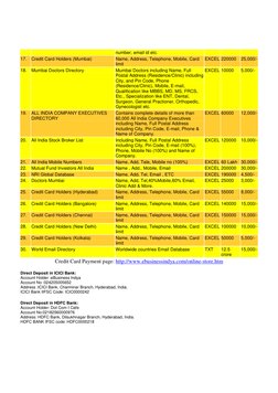 number, email id etc. 
17. Credit Card Holders (Mumbai) 
Name, Address, Telephone, Mobile, Card 
limit 
EXCEL 220000 25,000/-