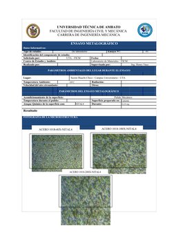 UNIVERSIDAD TÉCNICA DE AMBATO
FACULTAD DE INGENIERÍA CIVIL Y MECÁNICA
CARRERA DE INGENIERÍA MECÁNICA
ENSAYO METALOGRÁFICO
Dat