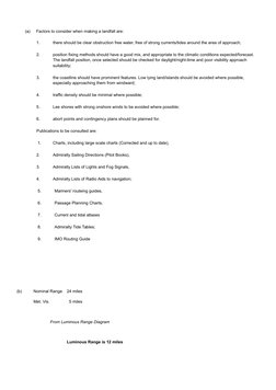 (a)
Factors to consider when making a landfall are:
1.
there should be clear obstruction free water, free of strong currents/