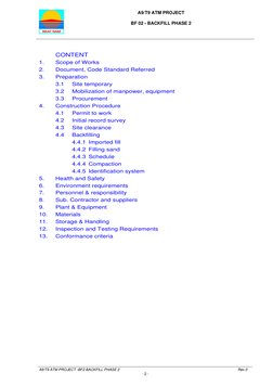 A9/T9 ATM PROJECT 
 
BF 02 - BACKFILL PHASE 2 
 
  
 
 
A9/T9 ATM PROJECT -BF2 BACKFILL PHASE 2 
 
Rev.0 
- 2 - 
 
 
CONT