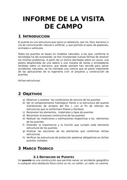 INFORME DE LA VISITA
DE CAMPO
1 INTRODUCCION
El puente es una estructura que salva un obstáculo, sea río, foso, barranco o
ví