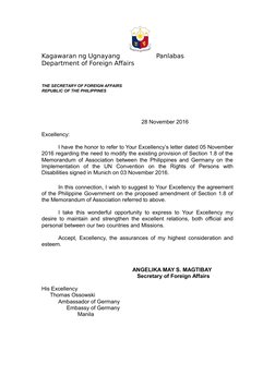 Kagawaran ng Ugnayang
Panlabas              
Department of Foreign Affairs
THE SECRETARY OF FOREIGN AFFAIRS
REPUBLIC OF THE P