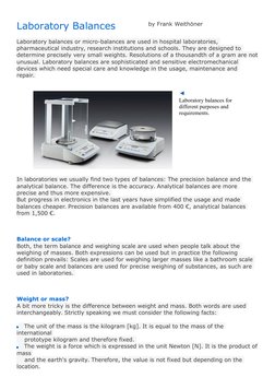 Laboratory Balances
by Frank Weithöner
Laboratory balances or micro-balances are used in hospital laboratories, 
pharmaceutic