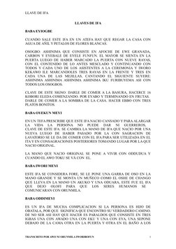 LLAVE DE IFA 
LLAVES DE IFA
BABA EYIOGBE
 
CUANDO SALE ESTE IFA EN UN ATEFA HAY QUE REGAR LA CASA CON
AGUA DE AÑIL Y PETALOS