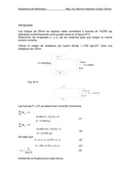 Resistencia de Materiales I
Mag. Ing. Máximo Alejandro Crispín Gómez
PROBLEMA
Las chapas de 20mm de espesor están sometidos a