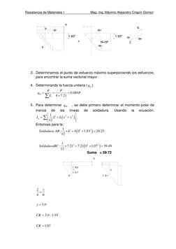 Resistencia de Materiales I
Mag. Ing. Máximo Alejandro Crispín Gómez
P
P
1.93"
+
P
qD
1.93"
qMA
qMC
M=5P
qD
qMC
qC
C
3. Deter
