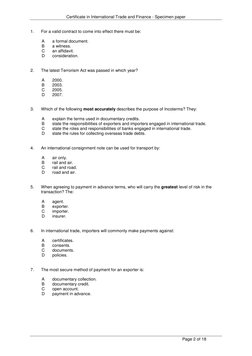 CITF Exam Specimen Paper Overview | PDF | Letter Of Credit | Invoice