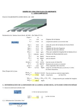 DISEÑO DE LOSA CON PLACA COLABORANTE
ó   LOSA COMPUESTA
PLACA COLABORANTE ACERO DECK: AD - 600
Parámetros de  lámina Acero-De