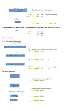 Condición de tres ó más tramos
b :
100
cm
Ancho de análisis
δcal  = 
0.63
cm
Verificar :
0.63
≤
1.33
Ok
Datos:
75
Kgf
100
Kgf