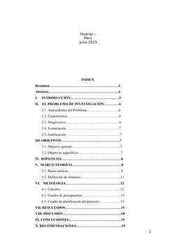 Huaraz –
Perú
Julio 2015
INDICE
Resumen……………………………………………….….3
Abstract…………………………………………………...4
I.    INTRODUCCIÓN……………………………….