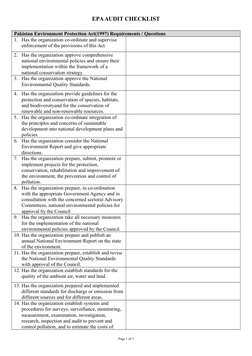 EPA AUDIT CHECKLIST
Pakistan Environment Protection Act(1997) Requirements / Questions
1. Has the organization co-ordinate an
