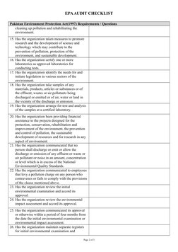 EPA AUDIT CHECKLIST
Pakistan Environment Protection Act(1997) Requirements / Questions
cleaning up pollution and rehabilitati