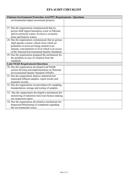 EPA AUDIT CHECKLIST
Pakistan Environment Protection Act(1997) Requirements / Questions
environmental impact assessment projec