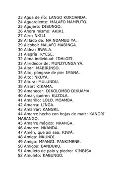 23 Agua de río: LANGO KOKOANDA.
24 Aguardiente: MALAFO MAMPUTO.
25 Agujero: DISUNGO.
26 Ahora mismo: AKIKI.
27 Aire: NKILI.
2