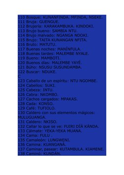 110 Bosque: KUNANFINDA. MFINDA, NSEKE.
111 Bruja: GUENGUE.
112 Brujería: KARAKAMBUKA. KINDOKI.
113 Brujo bueno: SAMBIA NTU.
1