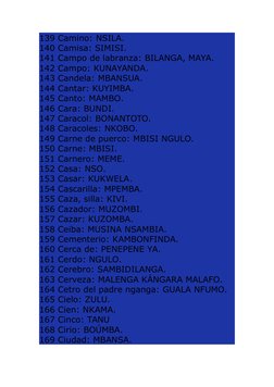 139 Camino: NSILA.
140 Camisa: SIMISI.
141 Campo de labranza: BILANGA, MAYA.
142 Campo: KUNAYANDA.
143 Candela: MBANSUA.
144