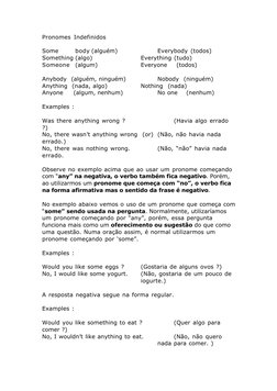 Pronomes Indefinidos
Some
body (alguém)
Everybody (todos)
Something (algo)
Everything (tudo)
Someone
(algum)
Everyone    (tod