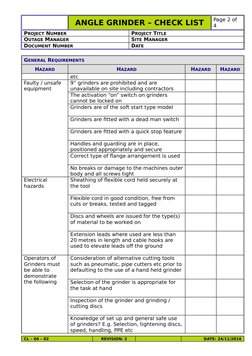 ANGLE GRINDER – CHECK LIST
Page 2 of
4
PROJECT NUMBER
PROJECT TITLE
OUTAGE MANAGER
SITE MANAGER
DOCUMENT NUMBER
DATE
GENERAL