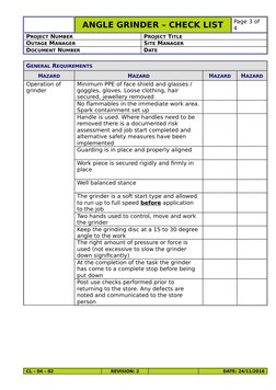 ANGLE GRINDER – CHECK LIST
Page 3 of
4
PROJECT NUMBER
PROJECT TITLE
OUTAGE MANAGER
SITE MANAGER
DOCUMENT NUMBER
DATE
GENERAL