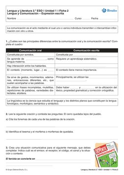 © Grupo Editorial Bruño, S. L.
Lengua y literatura 2.º ESO ❚ Unidad 1 ❚ Ficha 2
La comunicación es el acto mediante el cual
