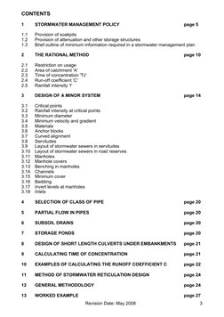 CONTENTS
1
STORMWATER MANAGEMENT POLICY
page 5
1.1
Provision of soakpits
1.2
Provision of attenuation and other storage struc