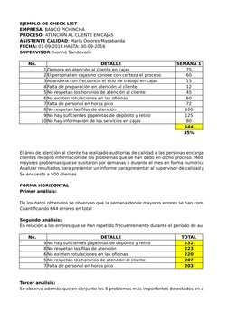 EJEMPLO DE CHECK LIST
No. 
DETALLE
SEMANA 1
1 Demora en atención al cliente en cajas
75
2 El personal en cajas no conoce con