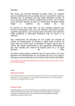 Amados
 
padres:
Me causa una enorme felicidad el poder estar con ustedes
para la celebración de sus bodas de oro. Les admiro
