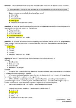 Questão 7. Um estudante escreveu a seguinte descrição sobre o processo de reprodução das bactérias: 
 
“A bactéria doadora (m