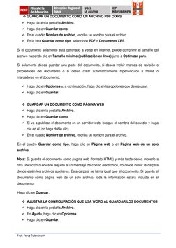 Prof. Percy Tolentino H
GUARDAR UN DOCUMENTO COMO UN ARCHIVO PDF O XPS
Haga clic en la pestaña Archivo.
Haga clic en Guard