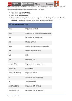Prof. Percy Tolentino H
Nota: No puede usar Word 2010 para guardar un documento como archivo JPEG (.jpg) o GIF
(.gif), pero p