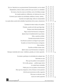 Protesta, cuando se le dice que haga algo
Contesta de malos modos a los padres
Rompe cosas intencionadamente
Pega a los/as he