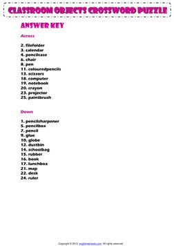 Classroom Objects Esl Vocabulary Crossword Puzzle Worksheet For Kids ...