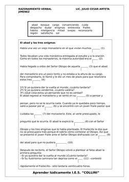 RAZONAMIENTO VERBAL
   LIC. JULIO CESAR ARTETA 
JIMENEZ
   abad    bosque    cargo    convenciendo    cuida  
 despacho    du