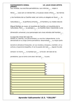 RAZONAMIENTO VERBAL
   LIC. JULIO CESAR ARTETA 
JIMENEZ
Sus novelas, sus escritos periodísticos, sus crónicas 
 viajes o 
lib