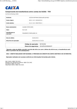 Comprovante de transferência entre contas da CAIXA - TEV
Via Internet Banking CAIXA
Emitente:
VICTOR HOFFMAN GONCALVES DE MEL