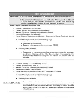 WORK EXPERIENCE SHEET
 Instructions:   1. Include only the work experiences relevant to the position being applied to.
2. The