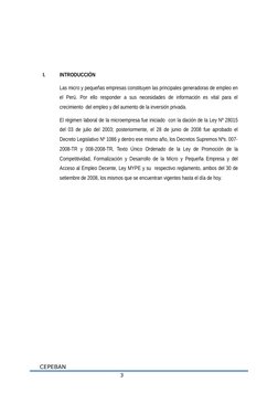3
I.
INTRODUCCIÒN
Las micro y pequeñas empresas constituyen las principales generadoras de empleo en
el Perú. Por  ello  resp