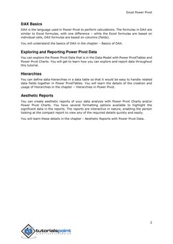 Excel Power Pivot 
2 
 
 
DAX Basics 
DAX is the language used in Power Pivot to perform calculations. The formulas in DAX ar