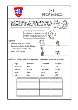 ¡Hola amiguito!
Te presento al sustantivo, él se 
encarga de dar el nombre a las 
personas, animales, cos