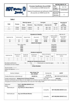 Procedure Qualification Record (PQR)  
(In Accordance to ASME Section IX) 
 
Registro Procedimiento de Calificación (PQR)