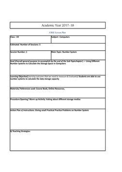 Academic Year 2017-18
CBSE Lesson Plan 
Class : VII
Subject : Computers
Estimated  Number of Sessions: 3
Session Number: 1
Ma