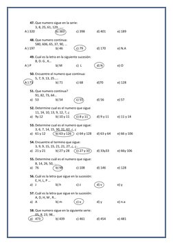 47. Que numero sigue en la serie: 
3, 8, 25, 61, 129, ….. 
A ) 320 
 
 
b) 383  
c) 398  
d) 401  
e) 189 
 
48. Que numero c