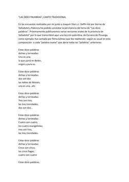 "LAS DOCE PALABRAS", CANTO TRADICIONAL 
En las encuestas realizadas por mí junto a Joaquín Díaz y J. Delfín Val por tierras d