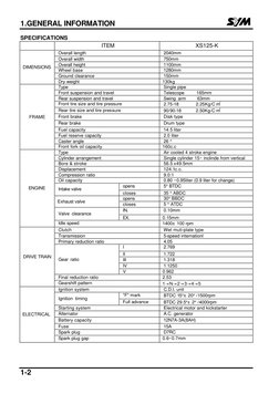 1.GENERAL INFORMATION 
1-2 
 
 
SPECIFICATIONS 
 
ITEM 
XS125-K 
Overall length 
2040mm 
Overall width 
750mm 
Overall height