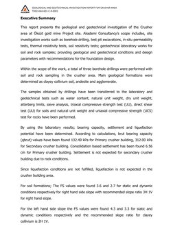                 GEOLOGICAL AND GEOTECHNICAL INVESTIGATION REPORT FOR CRUSHER AREA 
 
  TD02‐AKA‐601‐C‐R‐0001 
 
 
 
Executive