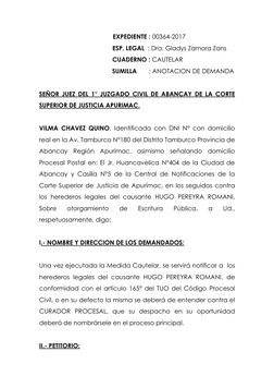 EXPEDIENTE : 00364-2017 
              ESP. LEGAL  : Dra. Gladys Zamora Zans 
              CUADERNO : CAUTELAR