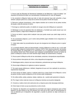 PROCEDIMEINTO OPERATIVO
PREVENCION DE RIESGOS
Código:   
Edición:                 
Página:                 4/5
4. Nunca quite