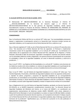 RESOLUCIÓN DE ALCALDIA N°_______ -2016-MDASA
Alto Selva Alegre, ___ de Mayo de 2016.
EL ALCALDE DISTRITAL DE ALTO SELVA ALEGR