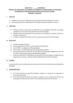 DIRECTIVA N°
_____-2016/MDASA
"MANUAL DE OPERACIONES DEL PERSONAL DE SERENOS DEL DEPARTAMENTO DE SEGURIDAD
CIUDADANA DE LA MU
